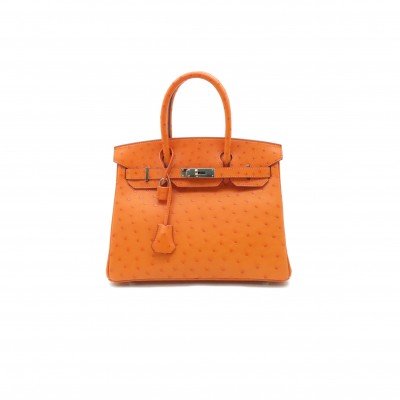 HERMÈS MASTER BIRKIN 25 OSTRICH LEATHER ORANGE SILVER BUCKLE H041944CK73 (25*20*13cm)